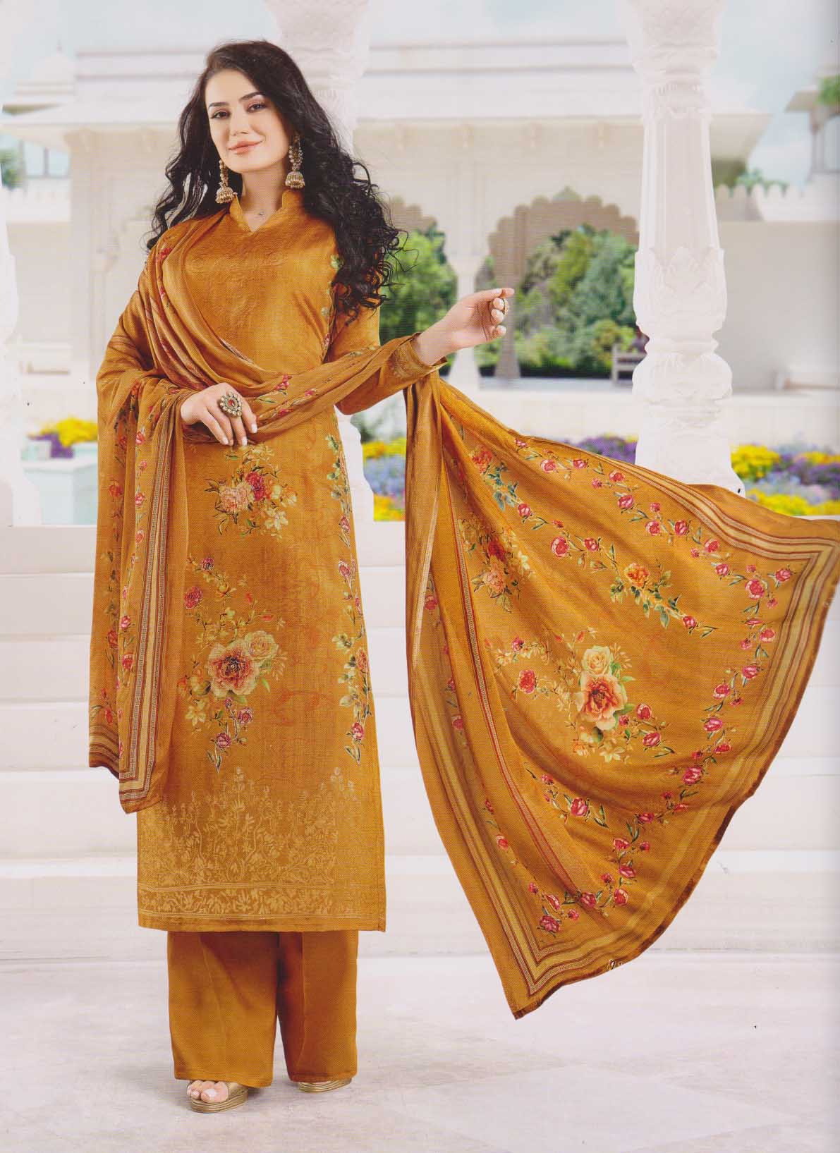 Chinon Chiffon Silk with digital Dupatta Pure Viscose Zari Jacquard Prints with Rose Gold Thread work Salwar Kameez for Women.